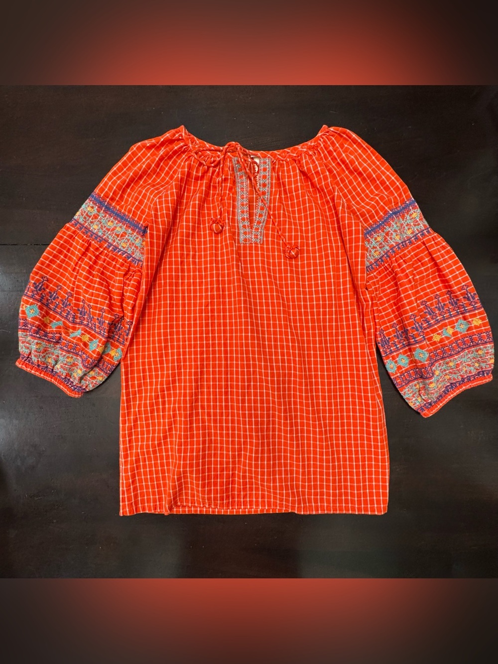 Uncle Frank Long Sleeve Peasant Dress Size M Orange Embroidered 100% Cotton